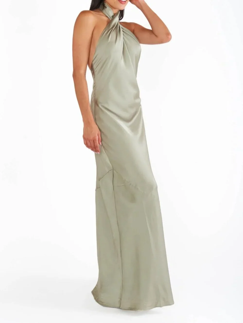 Show Me Your MuMu - Jasmine Halter Maxi Dress Moss Green Luxe Satin Women's - Picture 3 of 16